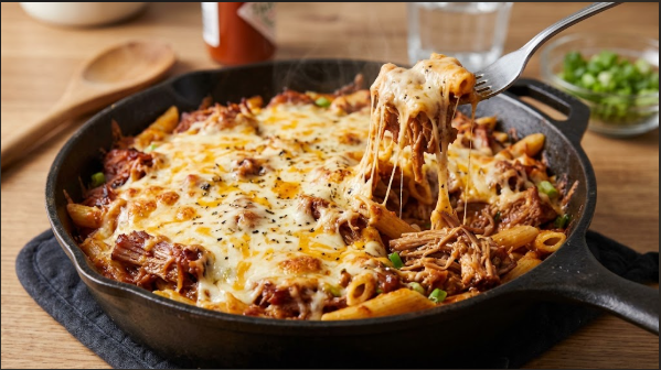 Cast iron pan of pulled pork pasta bake with golden melted cheese, fork lifting a portion
