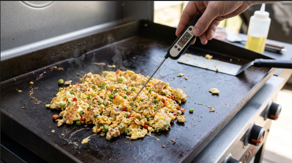 Instant-read thermometer inserted into a griddled egg scramble