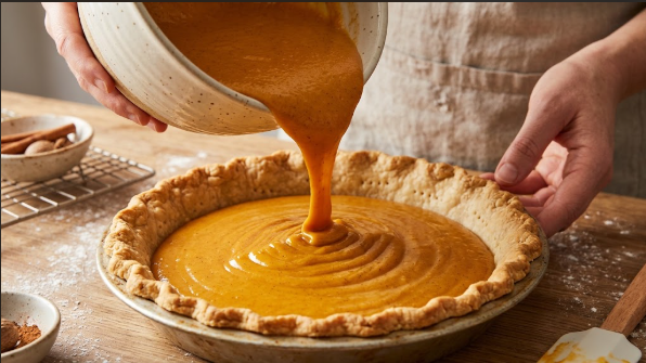 Smooth orange pumpkin filling being poured into a blind-baked crust