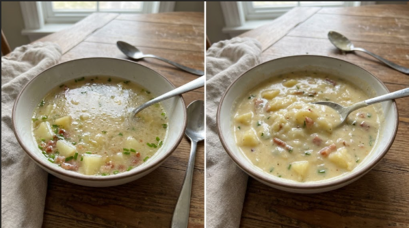 Side-by-side bowls of too-thin and properly thickened potato soup