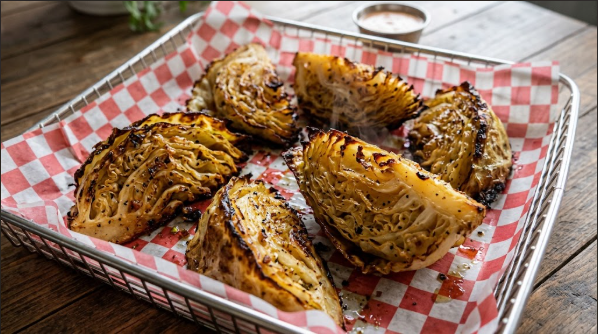 Cabbage wedges with crispy brown edges, fresh from the basket