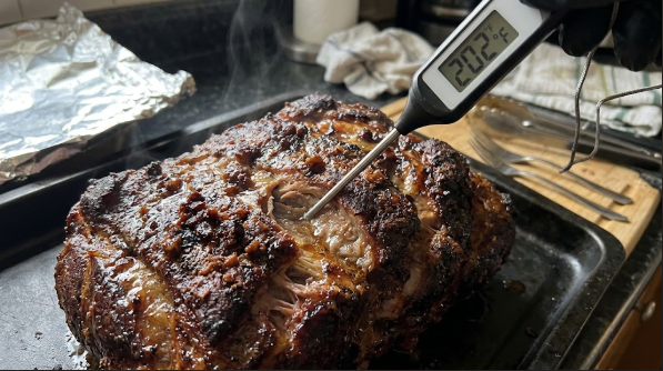 Instant-read thermometer inserted into the center of a pulled pork shoulder reading near 200°F