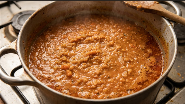 A pot of red lentil soup at the stage where the lentils have broken down and thickened