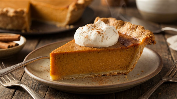 A clean slice of smoked pumpkin pie topped with whipped cream and cinnamon