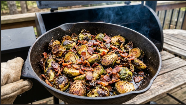 Pan of smoked Brussels sprouts with crispy bacon bits