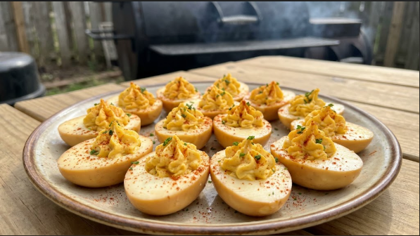 Smoked deviled eggs on a platter, dusted with paprika
