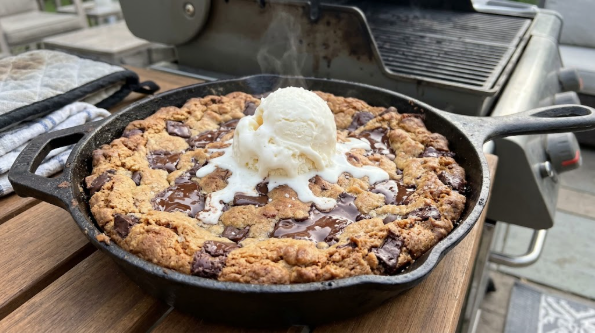 Skillet cookie fresh off the grill with melted chocolate and a scoop of ice cream