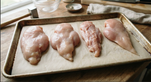  Four raw chicken breasts on a sheet pan, side by side, showing the uneven thick-and-thin shape before pounding