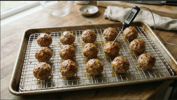 Sheet pan with meatballs on a wire rack, golden brown, with a thermometer reading 160°F