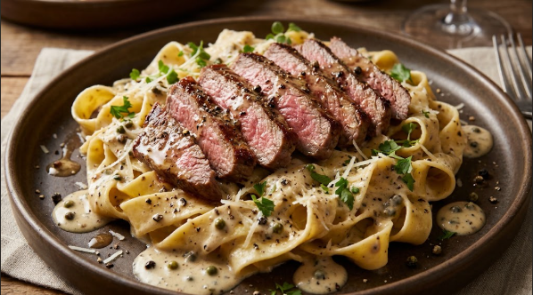 Sliced flank steak fanned over pappardelle with creamy peppercorn sauce