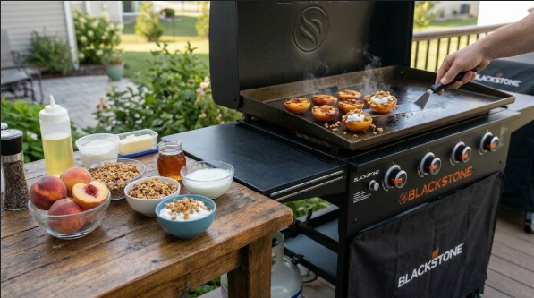 Grilled peach halves with grill marks topped with yogurt and granola