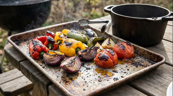Tray of charred bell peppers, onions, and tomatoes fresh off the grill, ready to go into the soup pot