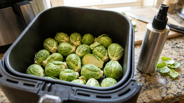 Air fryer basket with Brussels sprouts in a single layer before cooking, with an oil mister next to it