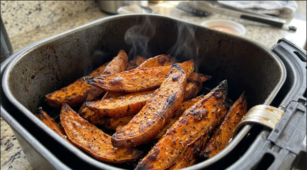 Finished air fryer sweet potato wedges with browned edges in the basket