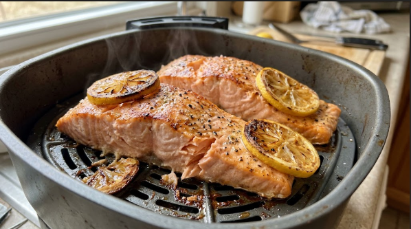 Air fryer salmon fillets with lemon slices, cooked and flaking