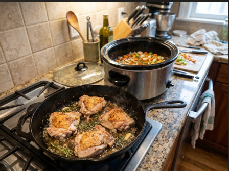 Boneless chicken thighs browning in a cast iron skillet next to an open 6-quart slow cooker