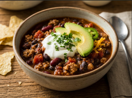 A bowl of turkey chili topped with Greek yogurt, avocado, and cilantro