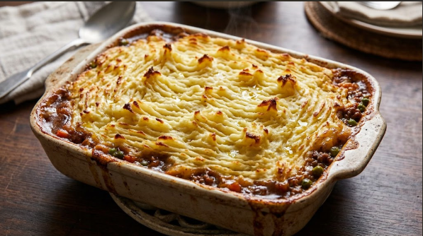 Shepherd's pie in a baking dish with golden browned mashed potato peaks