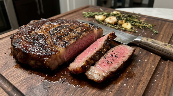 Reverse-seared ribeye with a dark crust, sliced to show the pink center