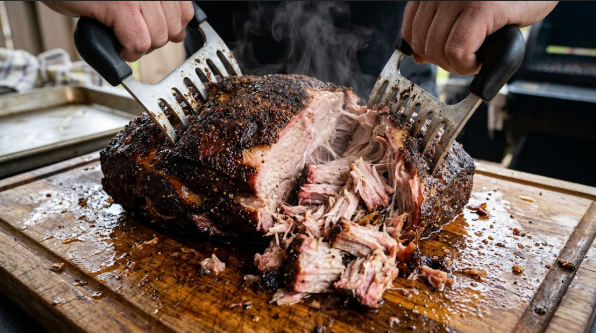 Pork butt being shredded with bear claws, steam rising, bark visible