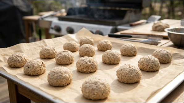 Scooped dough balls on a parchment-lined sheet, evenly spaced, ready for the grill