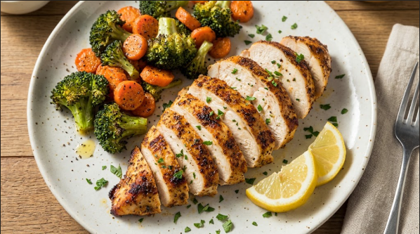Sliced air fryer chicken breast fanned on a plate with lemon wedges and a side vegetable