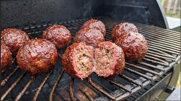 Smoked meatballs on a pellet grill grate, deep mahogany color, one split open to show a juicy center