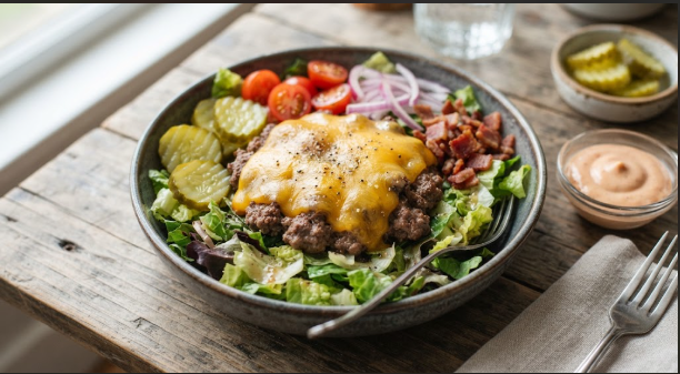 Finished plate of a bunless cheeseburger bowl with lettuce, pickles, and melted cheddar