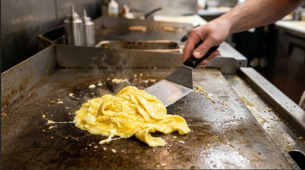 Scrambled eggs being folded on a hot griddle