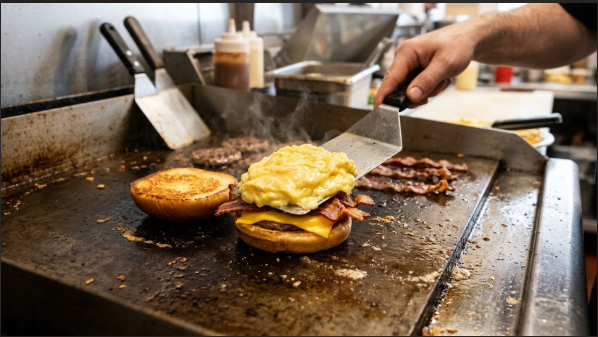 Breakfast sandwich being assembled on a griddle