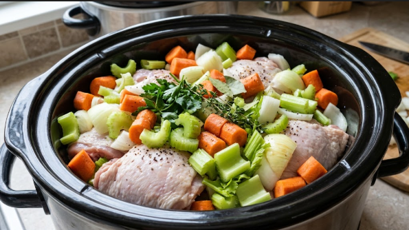  A 6-quart slow cooker loaded with raw chopped carrots, celery, onion, and chicken before the broth goes in