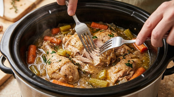 Shredding cooked chicken with two forks directly in the crock