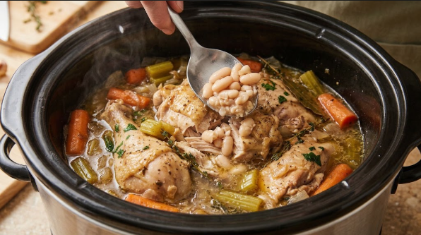 Mashing a scoop of white beans against the crock wall to thicken the broth