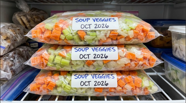 Labeled freezer bags of chopped soup vegetables stacked flat in a freezer