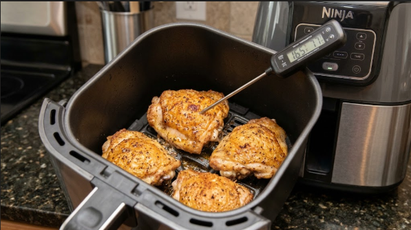 Chicken thighs skin-side up in the basket, golden and crackling, with a thermometer in the thickest part
