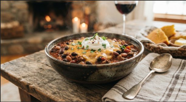 Finished three-bean chili in the slow cooker with a ladle, showing thick, spoon-coating texture