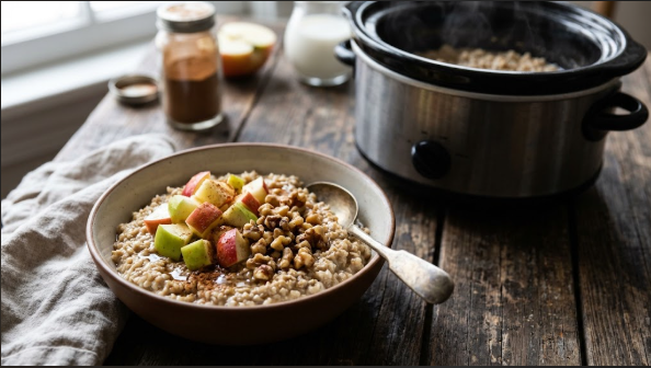 Bowl of steel-cut oats topped with apples and walnuts next to the slow cooker