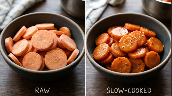 Side-by-side of hard, undercooked carrots versus perfectly tender carrots after slow cooking