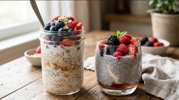  Overnight oats jar and chia pudding glass side by side, topped with fresh berries