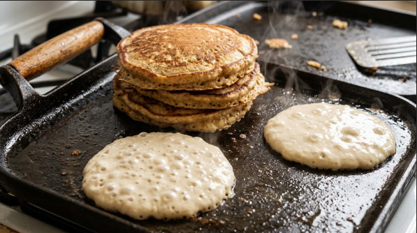 Stack of golden vegan pancakes on a griddle with bubbles forming on the uncooked side