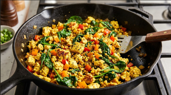 Golden tofu scramble in a cast iron skillet with turmeric, spinach, and diced peppers