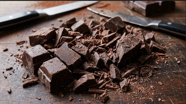 Chopped chocolate bar in a pile, showing a mix of chunks and shards