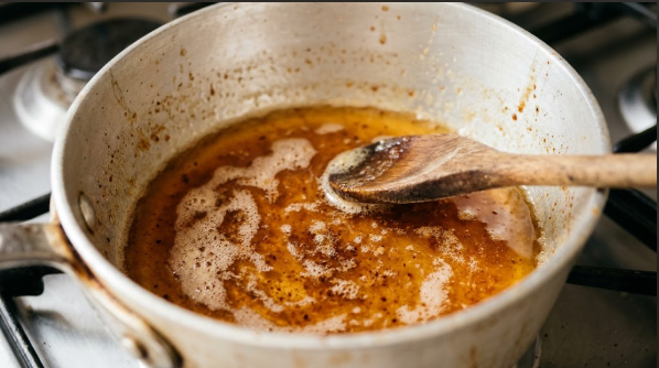 Brown butter in a light saucepan, showing amber color and toasted flecks