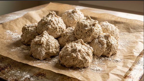 Dough balls on parchment, showing tall, rough-surfaced mounds
