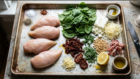 All filling ingredients and raw chicken breasts laid out on a sheet pan before prep
