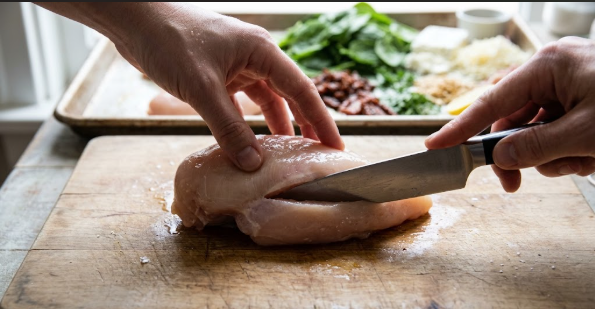 Knife slicing a horizontal pocket into the thick side of a chicken breast