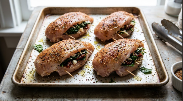 Stuffed chicken breasts closed with toothpicks and coated in spice rub, ready for the grill