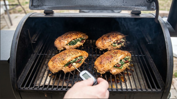 Stuffed chicken breasts on the pellet grill grate, golden and ready for a temperature check