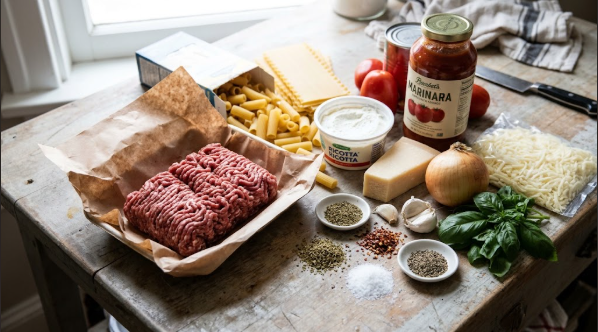 Ingredients laid out on the counter: ground beef, pasta, cheeses, sauce, and spices