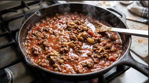 Browned beef and vegetables simmering in tomato sauce in a skillet